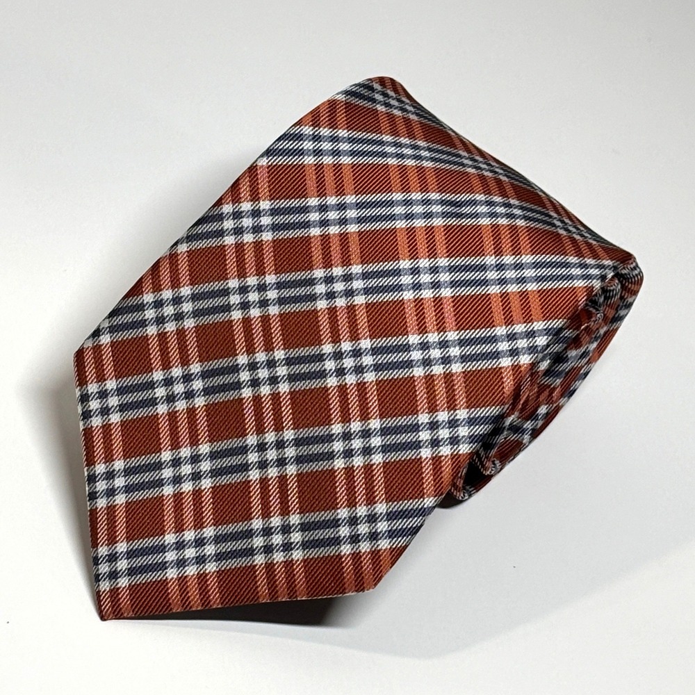 Umo Lorenzo Necktie Men OS Orange Plaid Woven Microfiber Hand Made Preppy Formal